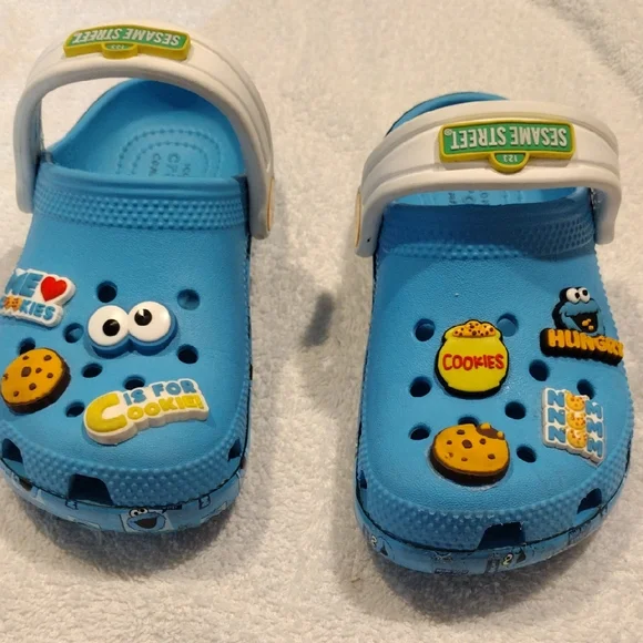 Crocs Sesame Street Blue and White Sandals with Fun Cookies Monster Badges. - Picture 1 of 4